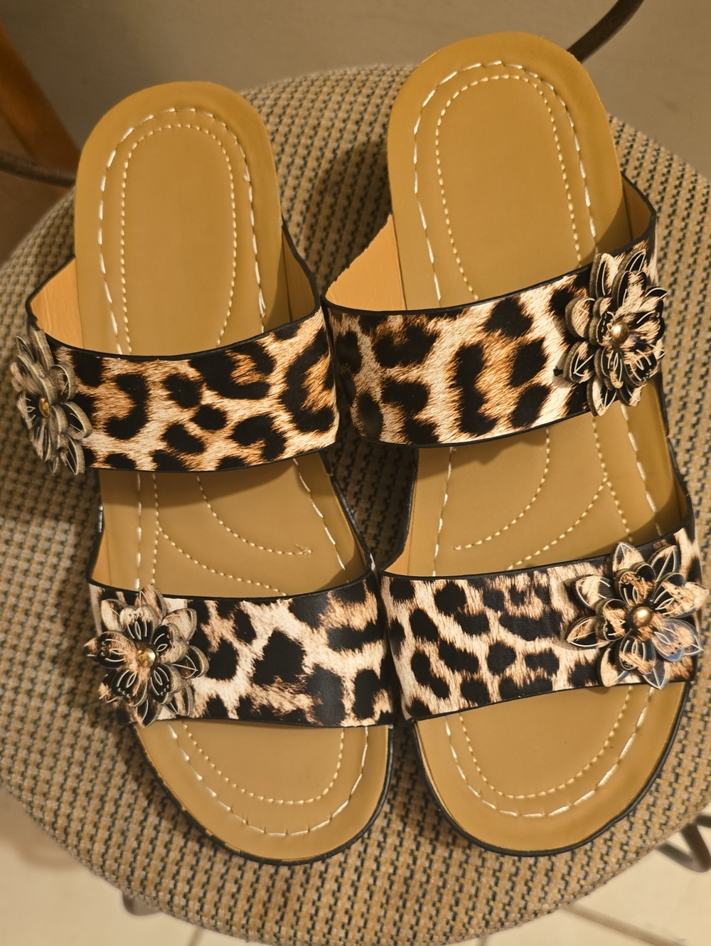 Leopard Print Double Strap Slide Sandals with Floral Accent - Women